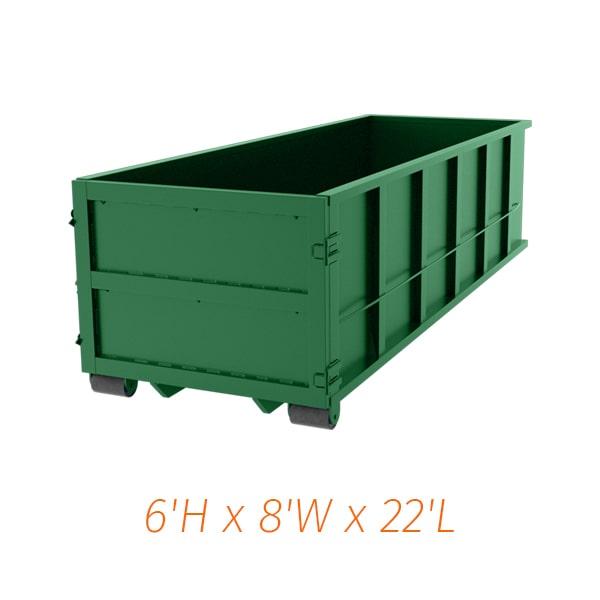 our 30-yard dumpsters typically measure 22 feet long,5 feet wide, and 6 feet high